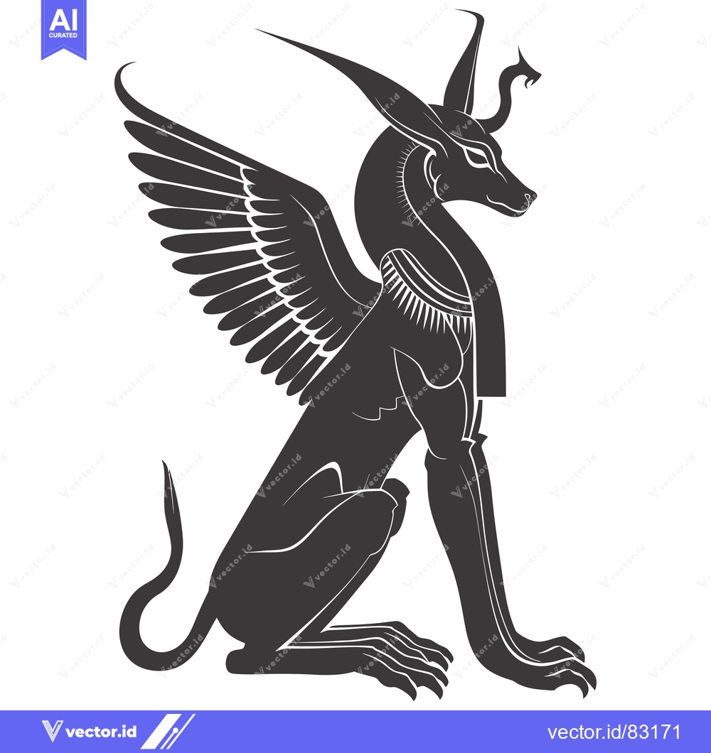 Premium Vector of Black and White Illustration of a Sitting Winged Jackal