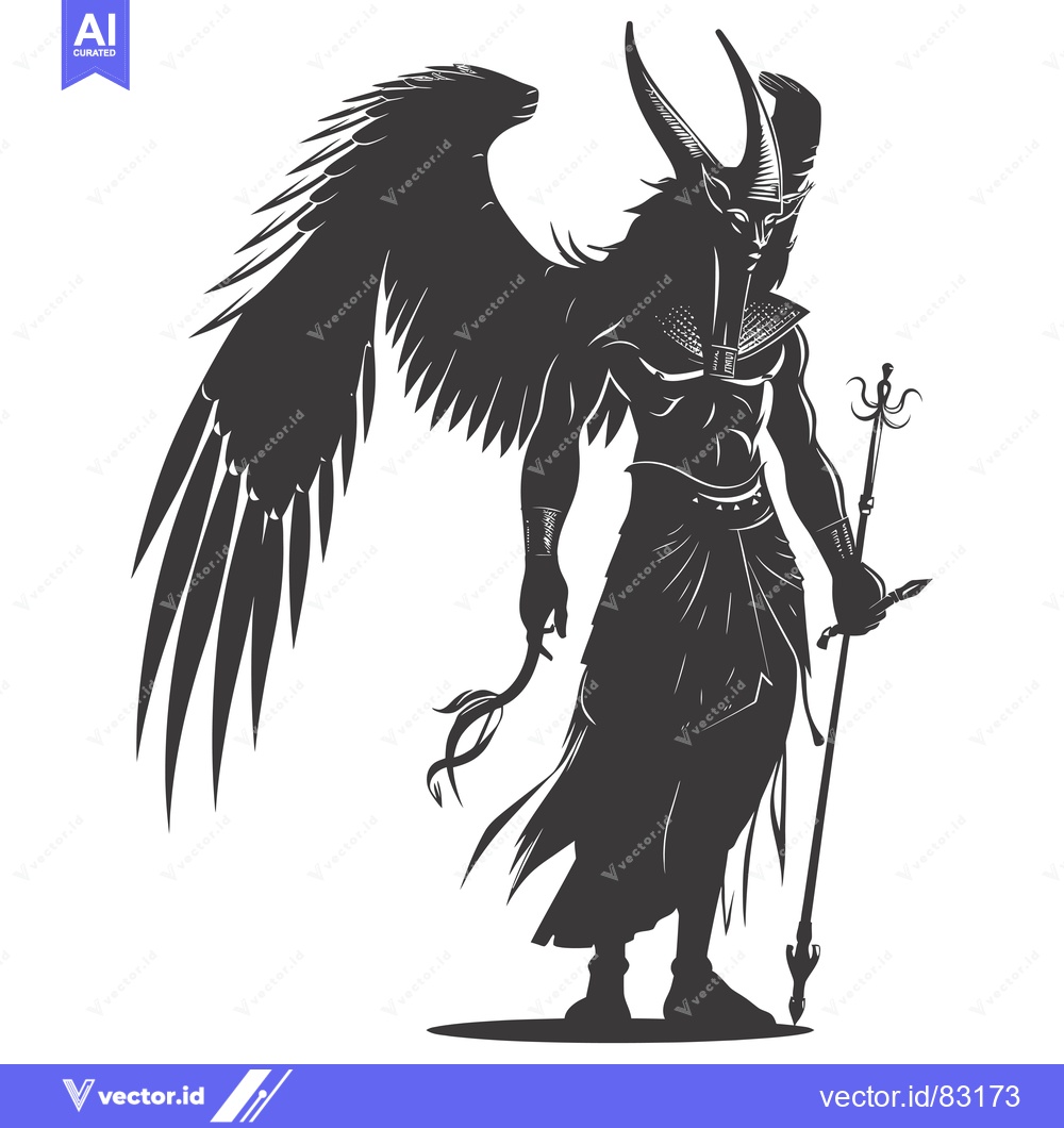 Premium Vector of A Winged, Horned, and Muscular Figure Holding a Staff