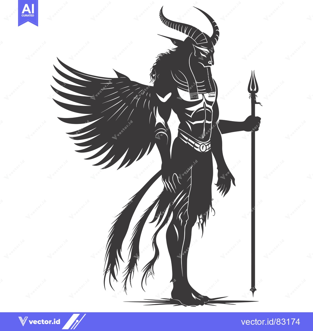 Premium Vector of Anthropomorphic Creature with Wings, Horns, and Tail Holding a Spear