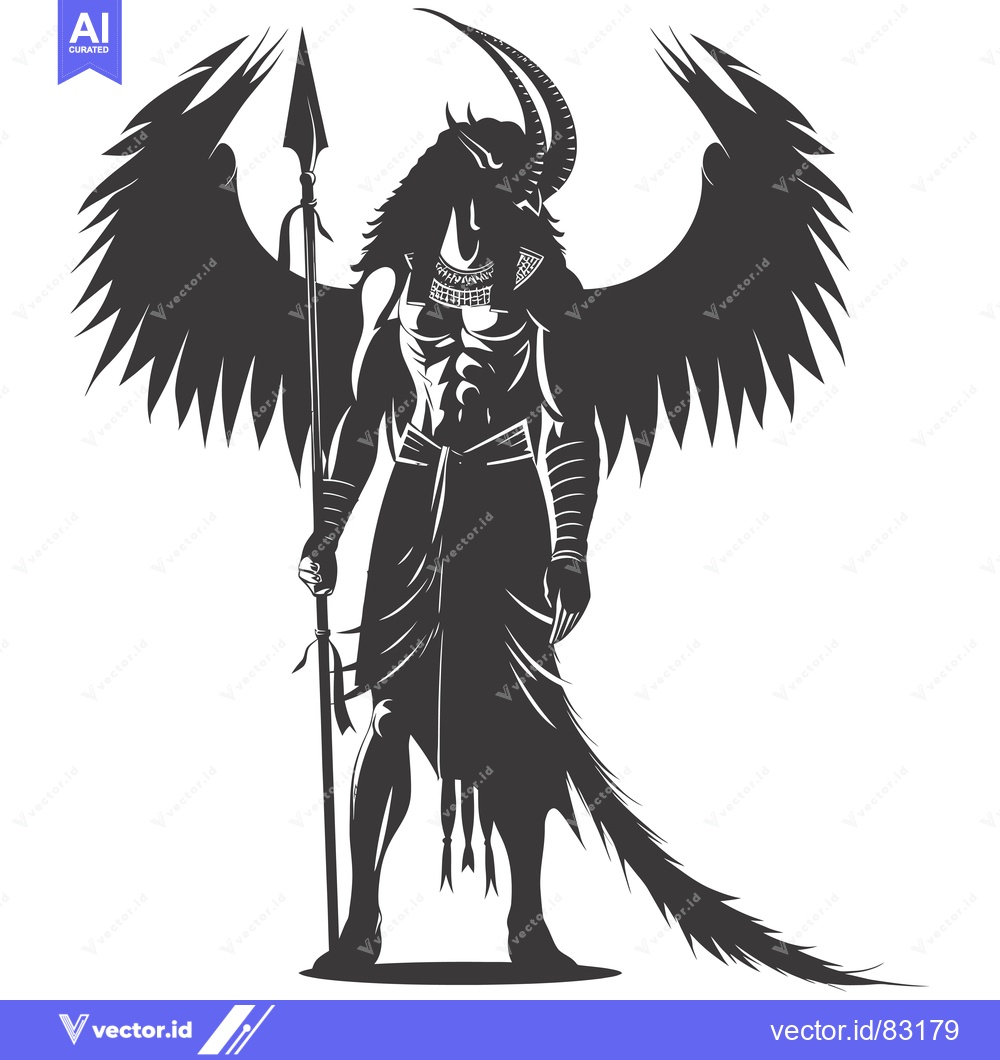 Premium Vector dari Silhouette of a Winged Warrior with Horns and a Spear