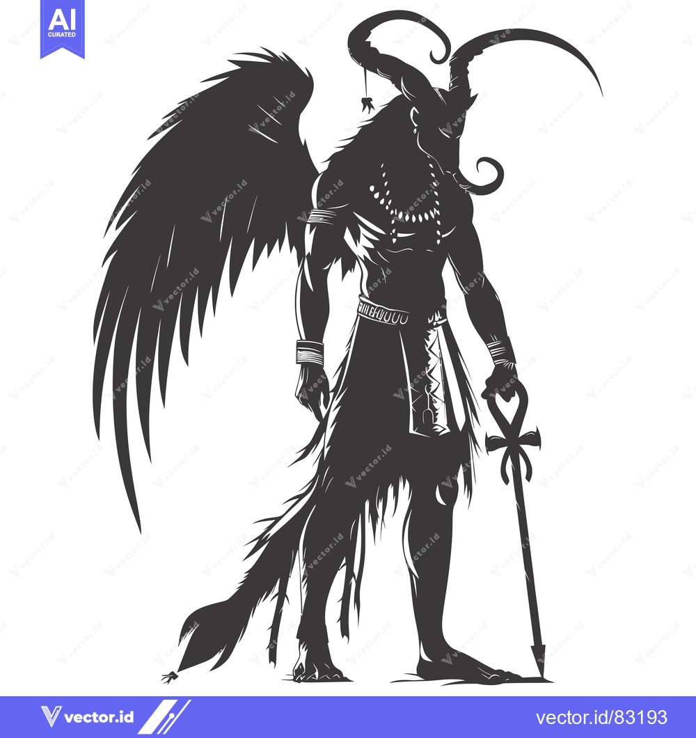 Premium Vector of A Silhouetted Anthropomorphic Figure with Wings, Horns, and an Ankh