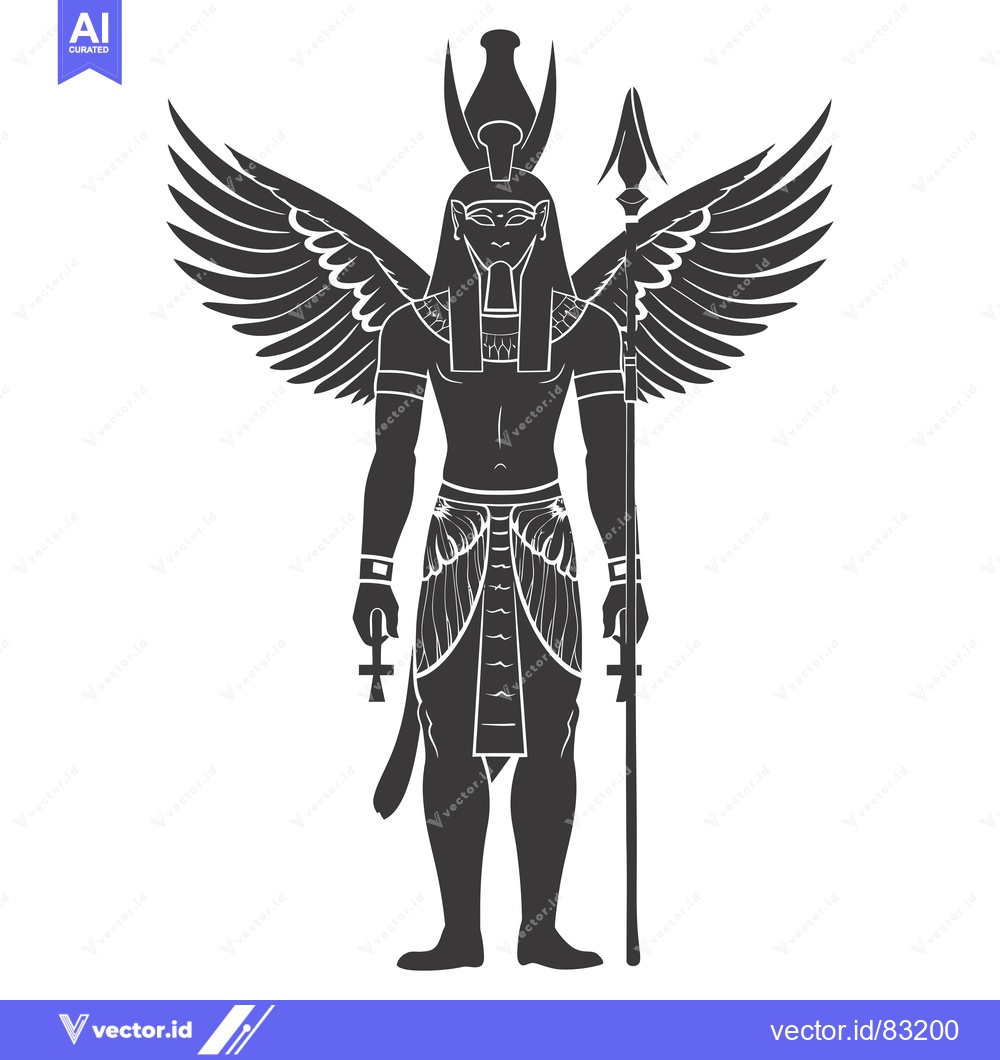 Premium Vector dari Winged Egyptian God Holding Ankh and Spear