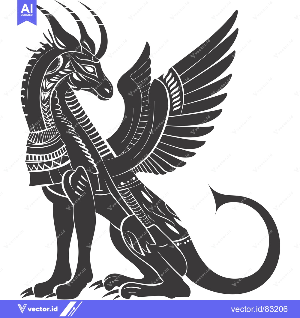 Premium Vector dari Ornate Black and White Winged Dragon with Curved Tail