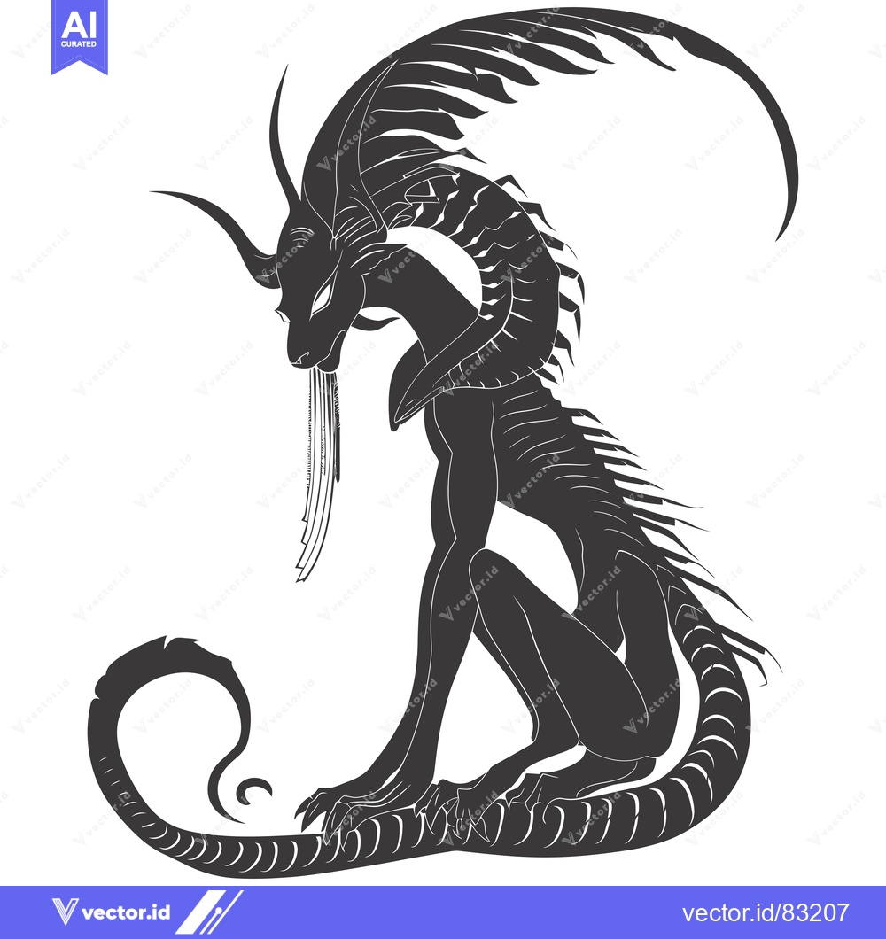 Premium Vector of Stylized Black and White Silhouette of a Sitting Dragon