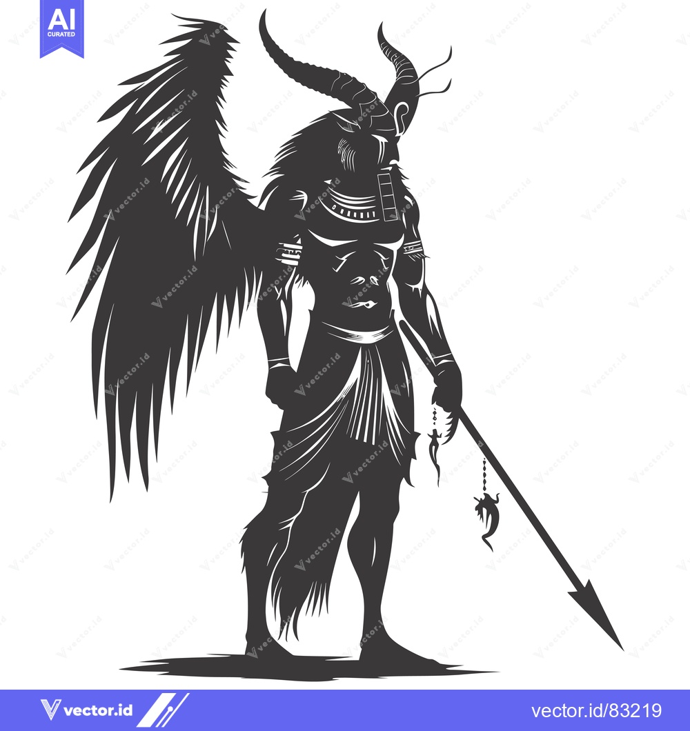 Premium Vector of Silhouette of a Muscular Winged Figure with Horns and a Spear