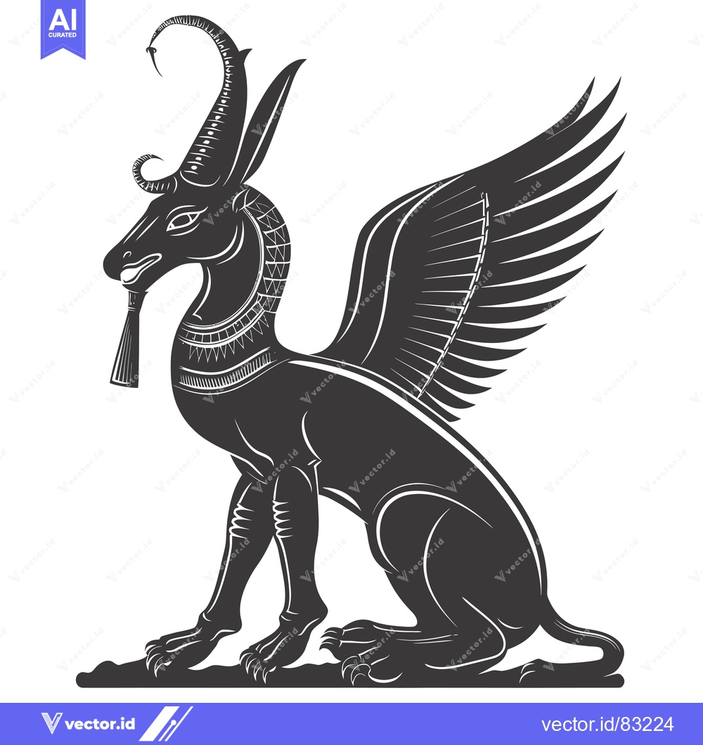 Premium Vector dari A Winged Black Egyptian Sphinx With Curled Horns