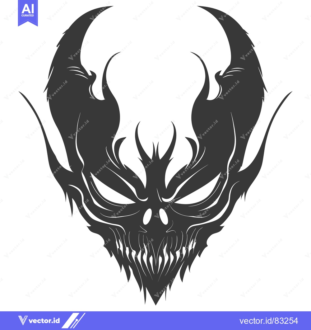 Premium Vector of Stylized Black and White Demon Mask with Sharp Teeth and Horns