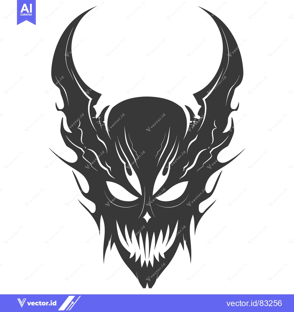 Premium Vector dari Stylized Black and White Demon Mask with Horns and Fangs