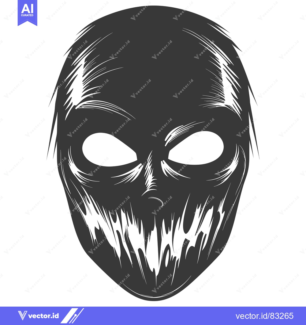 Premium Vector dari A black and white illustration of a scary mask with a wide grin.