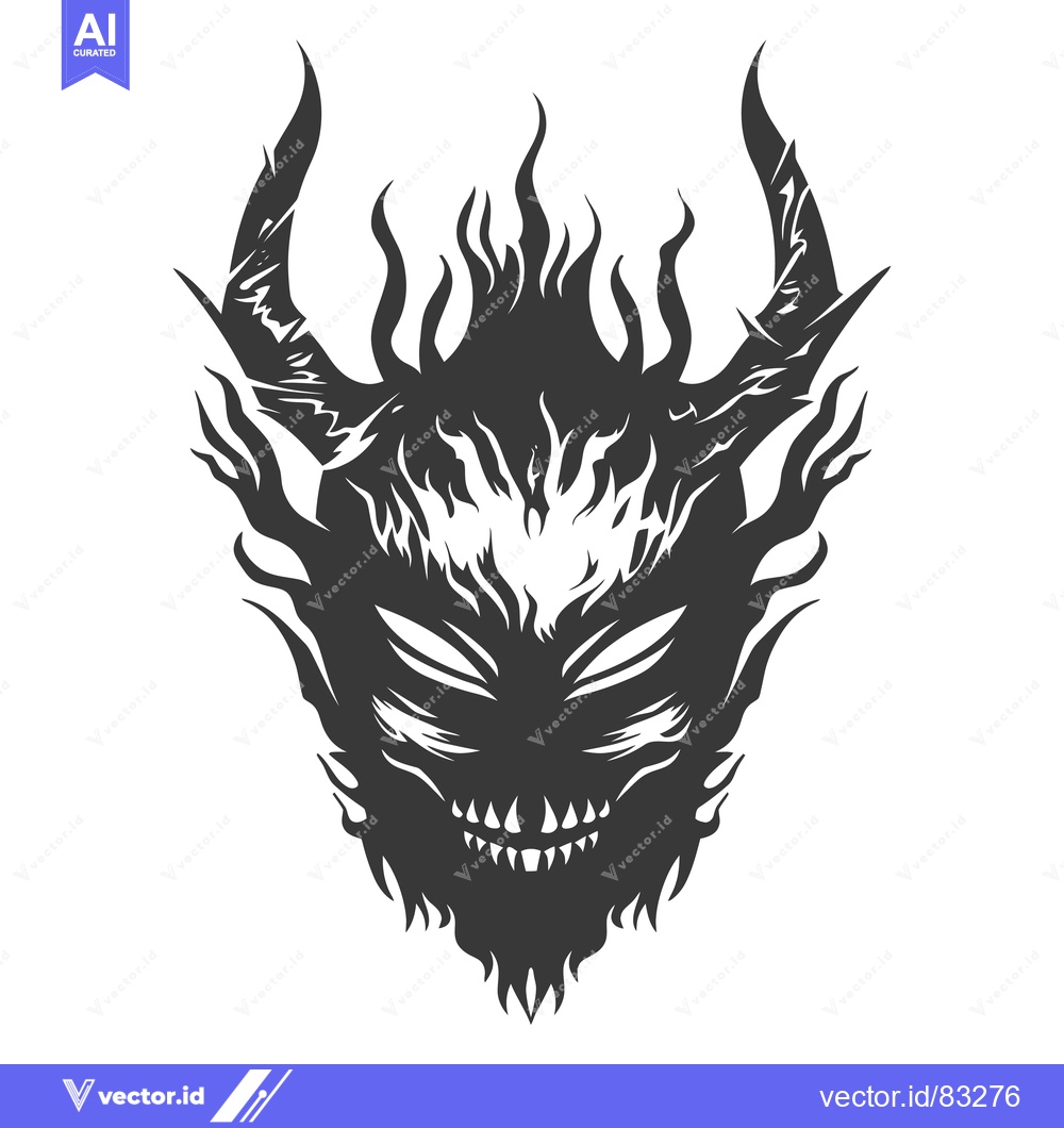 Premium Vector of Black and white illustration of a demonic face with horns and flames