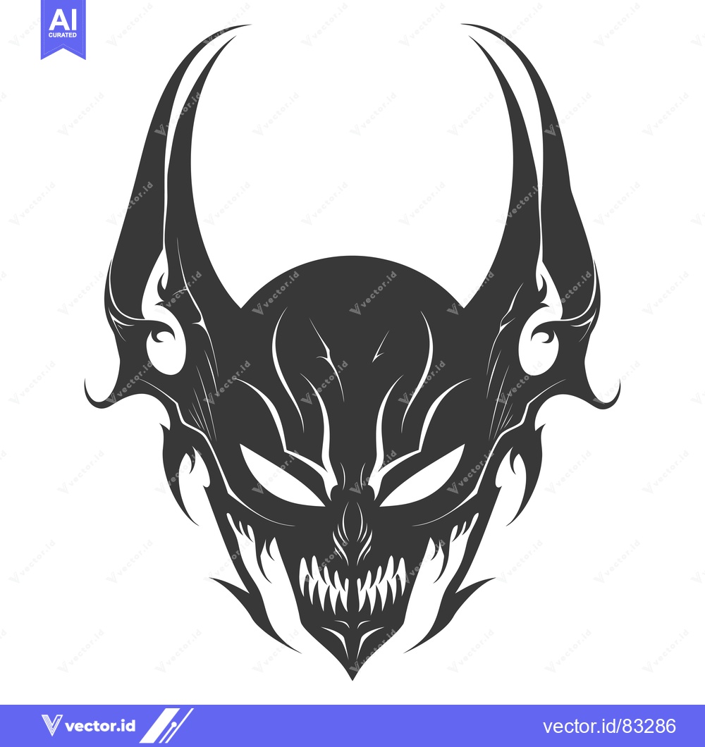 Premium Vector of Stylized Black and White Demon Mask with Fangs and Horns
