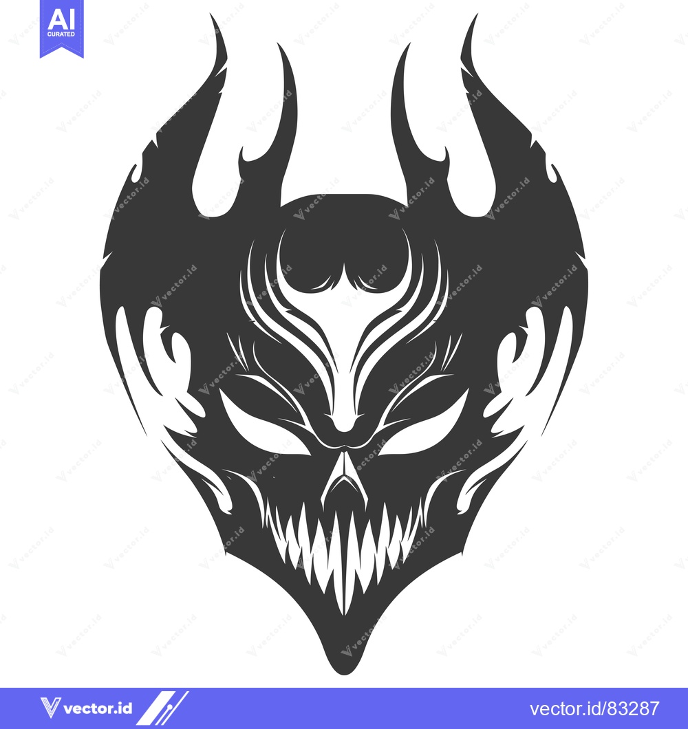 Premium Vector dari Black and White Stylized Demon Mask with Horns and Sharp Teeth