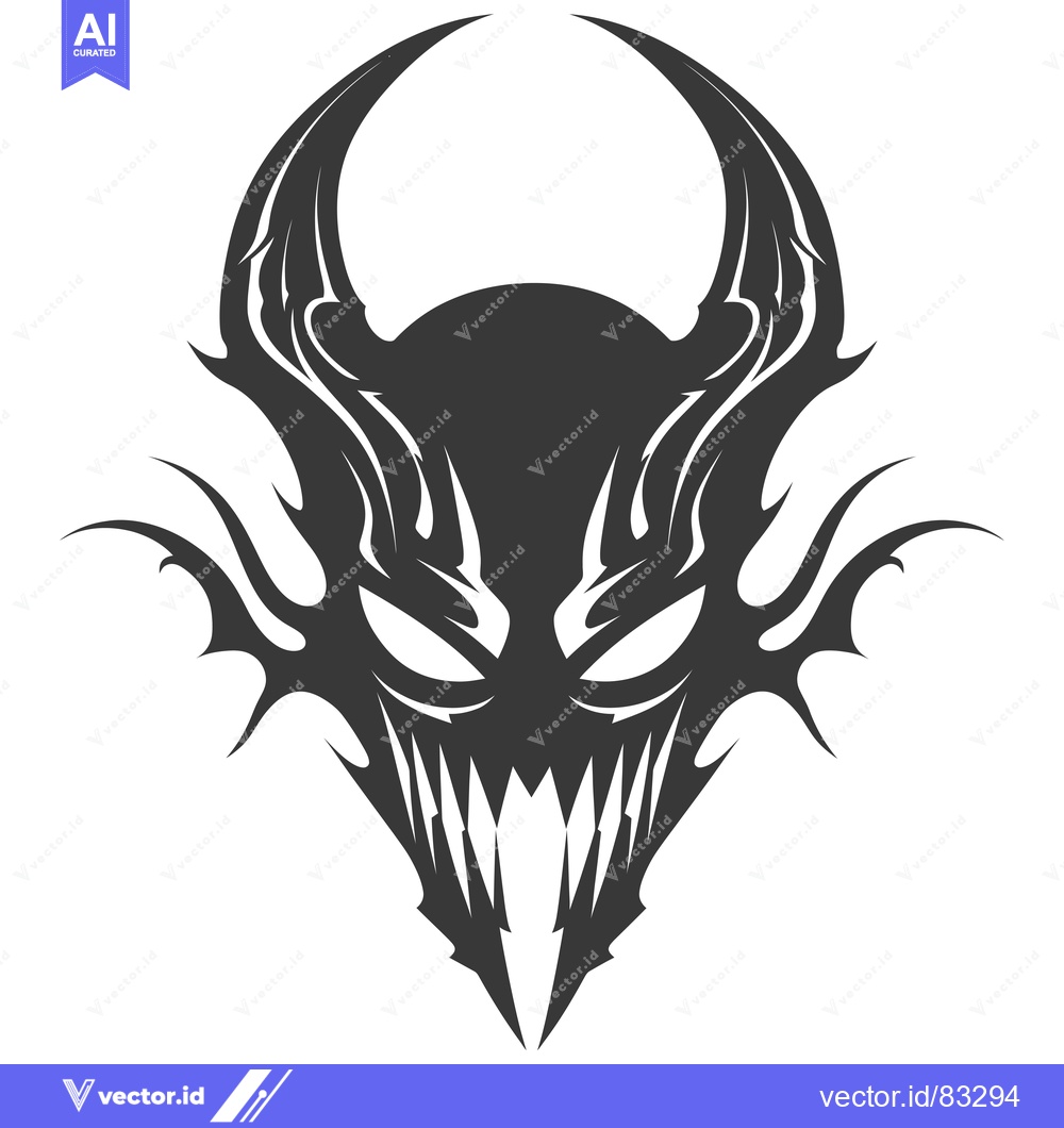 Premium Vector dari Stylized Tribal Demon Mask with Horns and Fangs