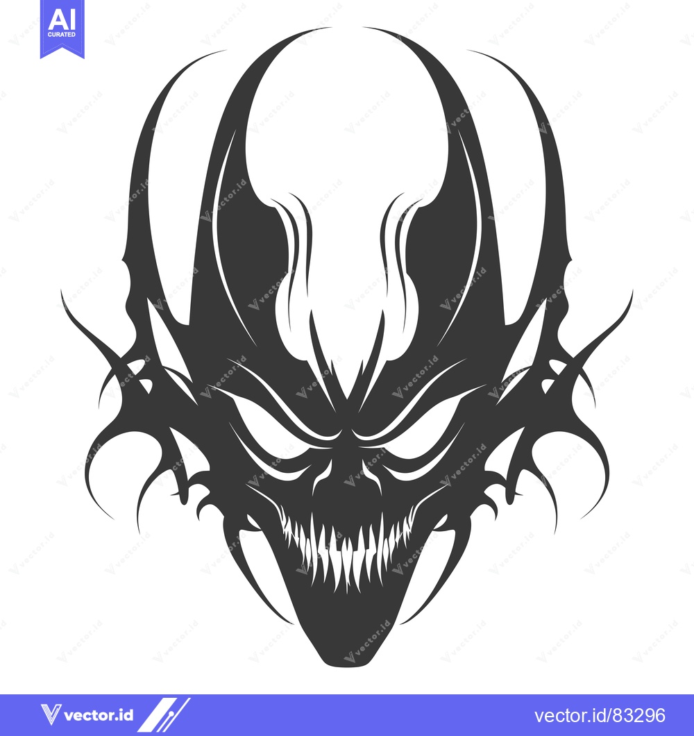Premium Vector dari Stylized Black and White Demon Face with Sharp Teeth