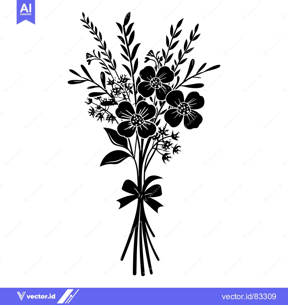 Premium Vector of Black and White Silhouette of a Flower Bouquet with a Bow