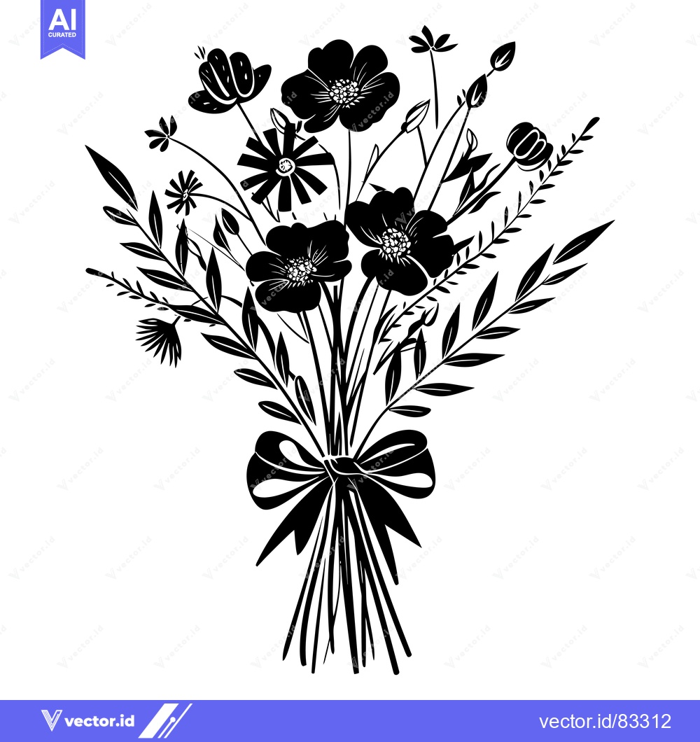 Premium Vector of Black and White Silhouette of a Flower Bouquet with a Bow
