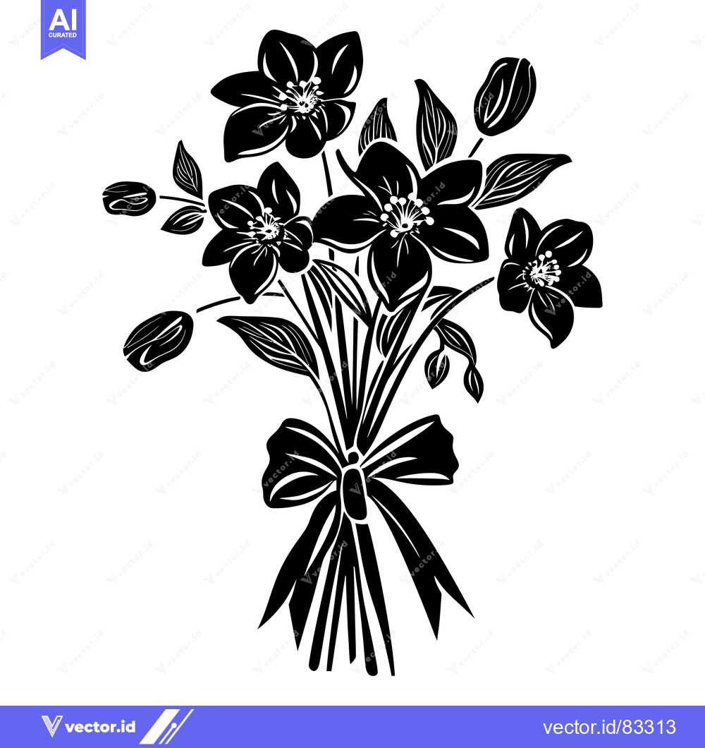 Premium Vector dari Black and White Silhouette of a Bouquet of Flowers Tied with a Bow