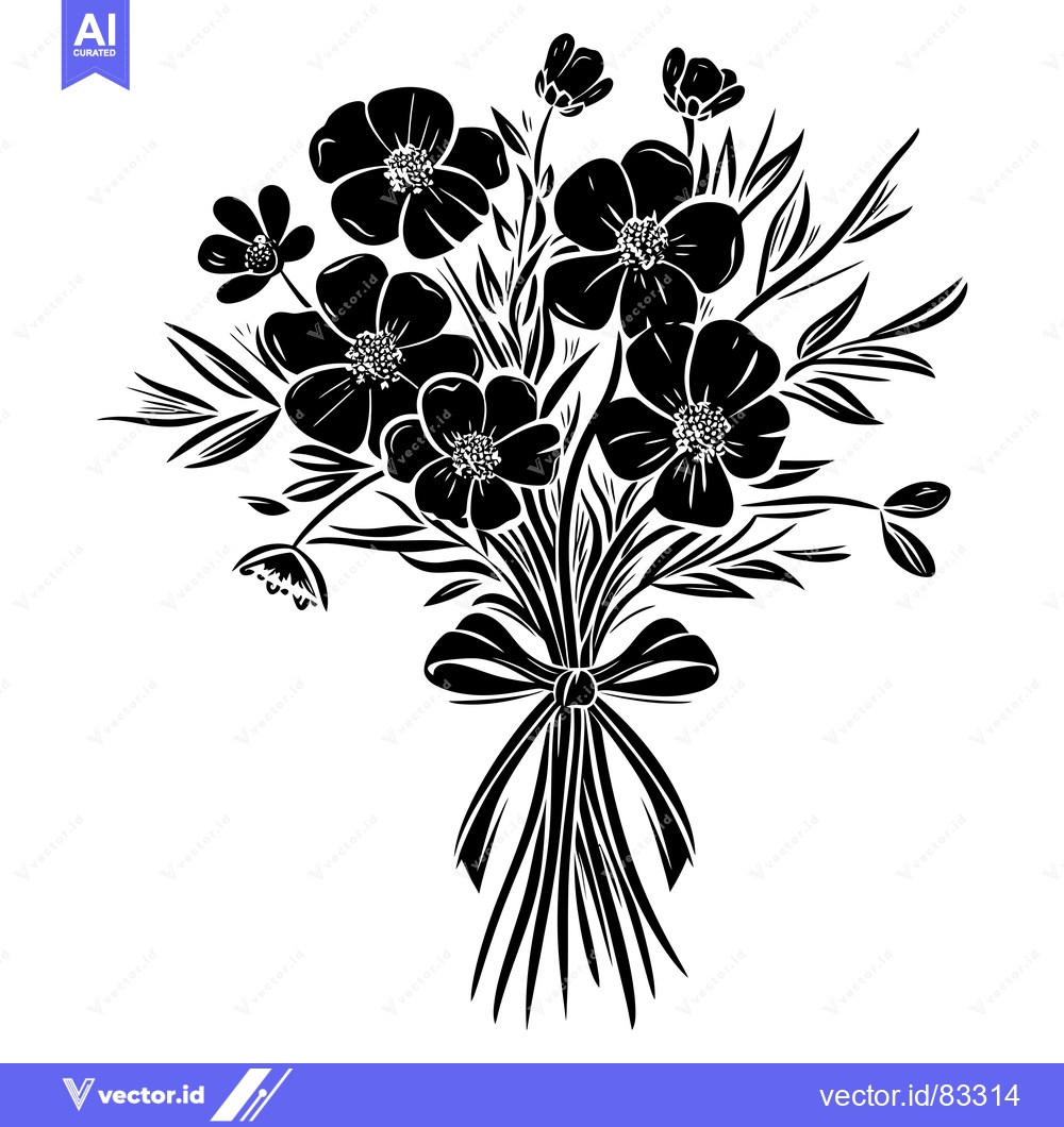 Premium Vector of A Bouquet of Black Silhouetted Flowers Tied with a Bow