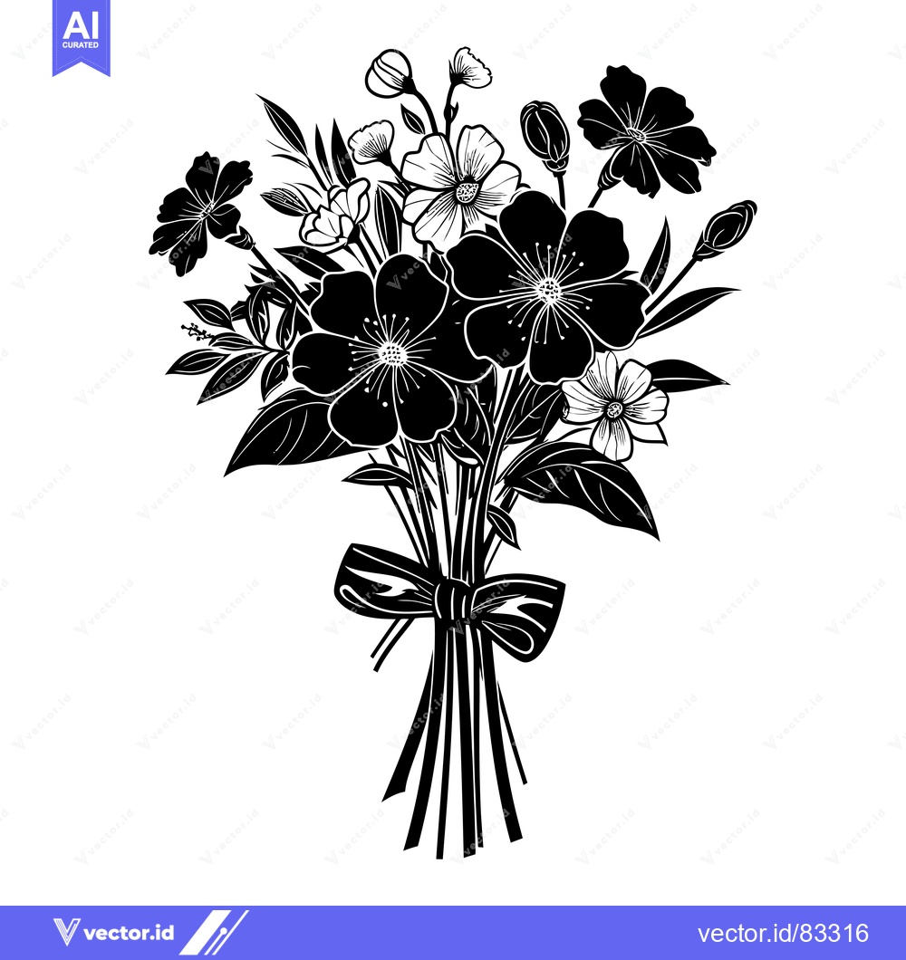 Premium Vector of Black and White Floral Bouquet with a Ribbon