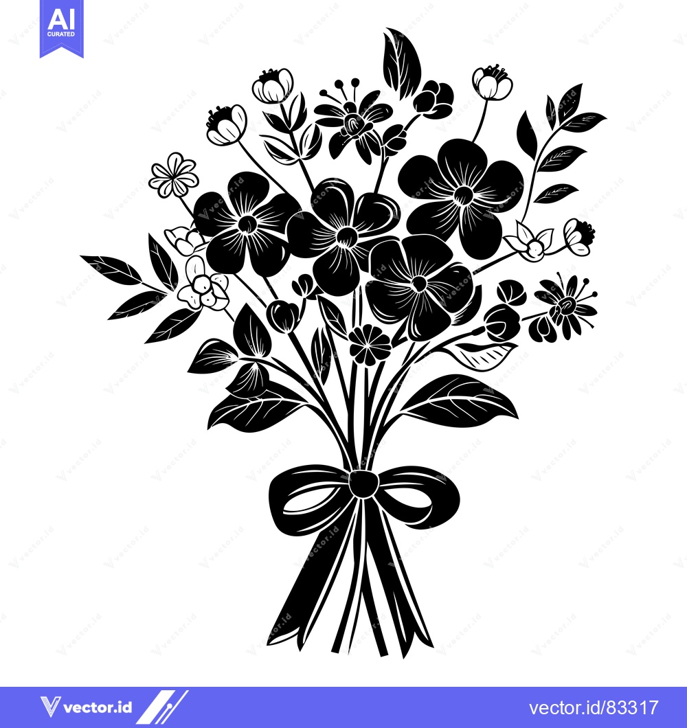 Premium Vector of Black and White Silhouette of a Flower Bouquet with a Bow