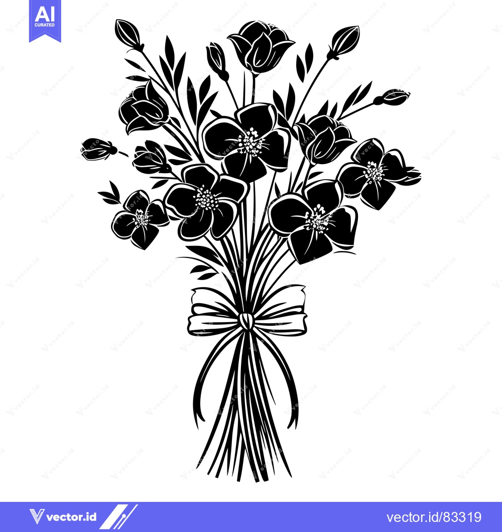 Premium Vector dari Black and White Silhouette of a Bouquet of Flowers with a Bow