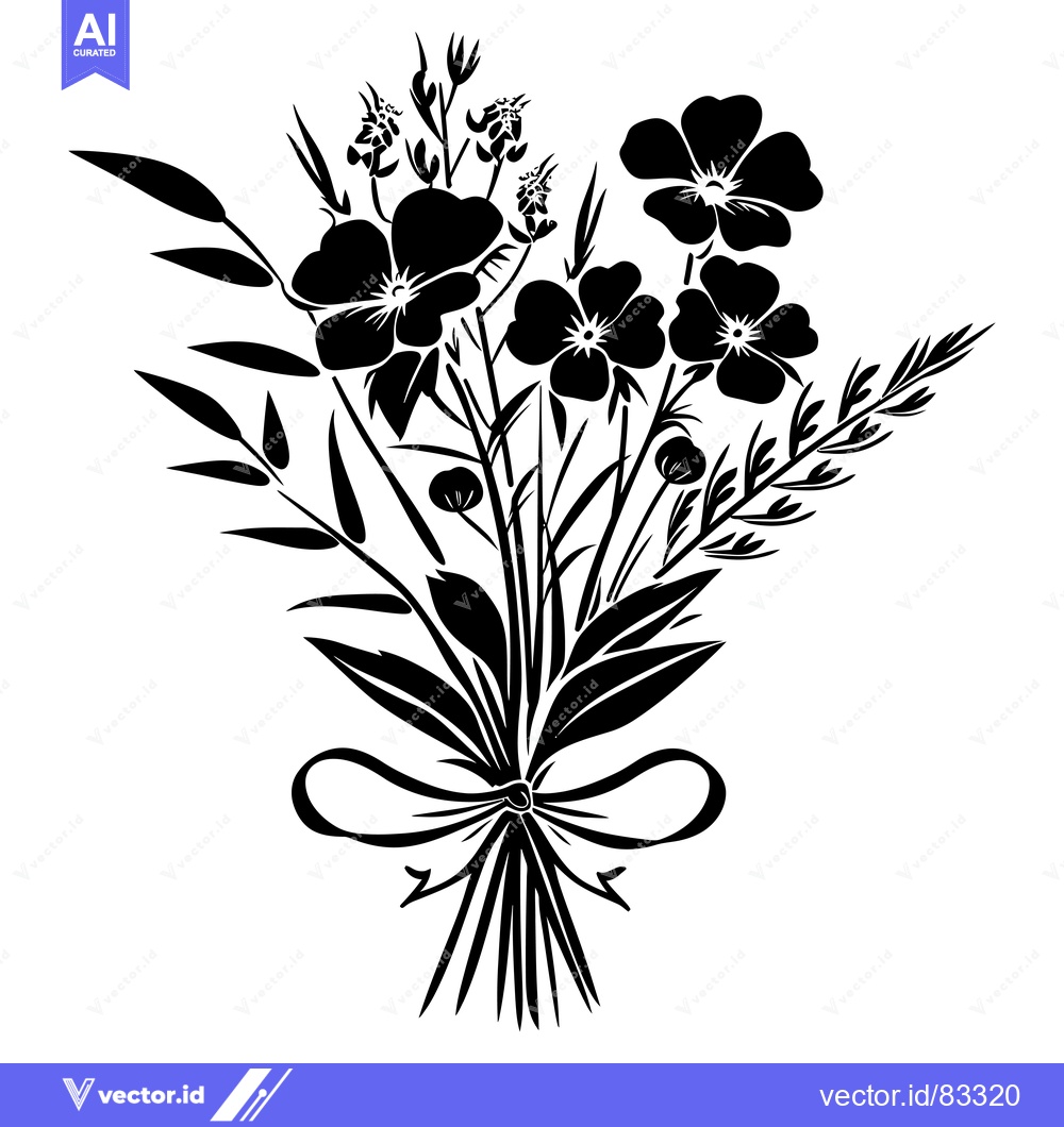 Premium Vector of Black and white silhouette of a tied bouquet of flowers and leaves