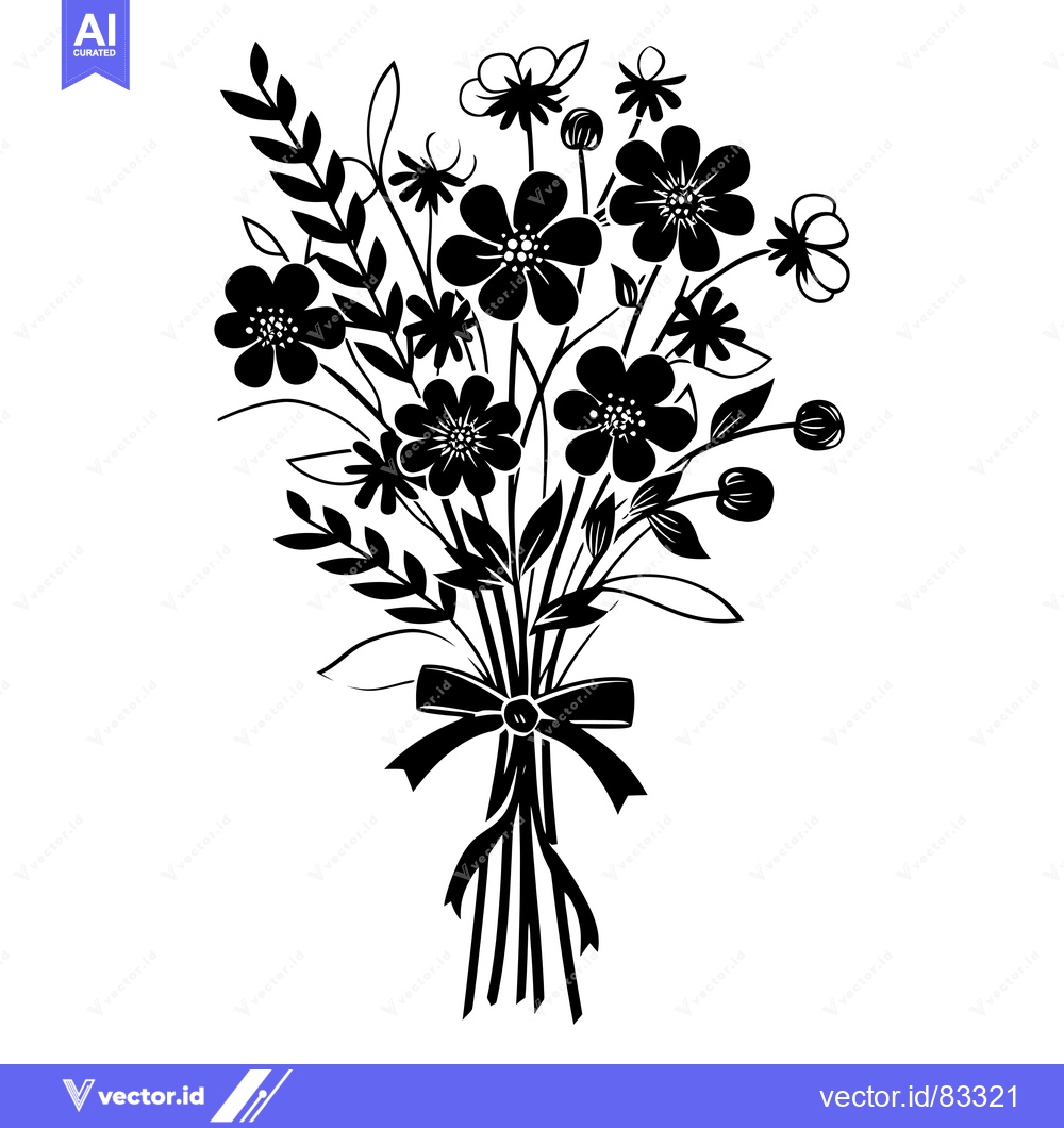 Premium Vector of A Black and White Silhouette of a Bouquet of Flowers Tied with a Bow
