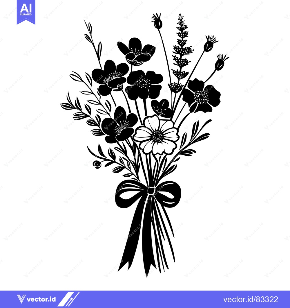 Premium Vector of Black and White Silhouette of a Flower Bouquet with a Bow