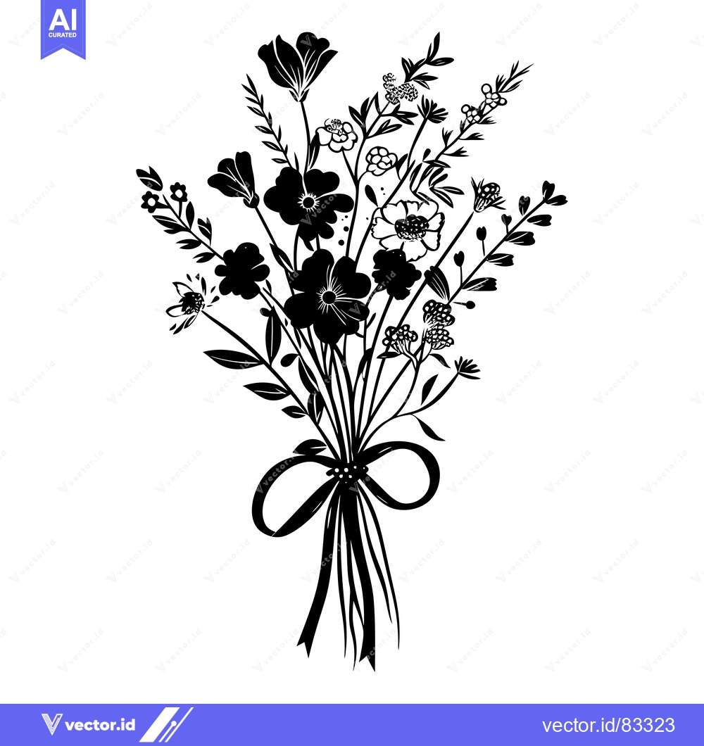 Premium Vector of Black and White Silhouette of a Bouquet of Flowers with a Ribbon