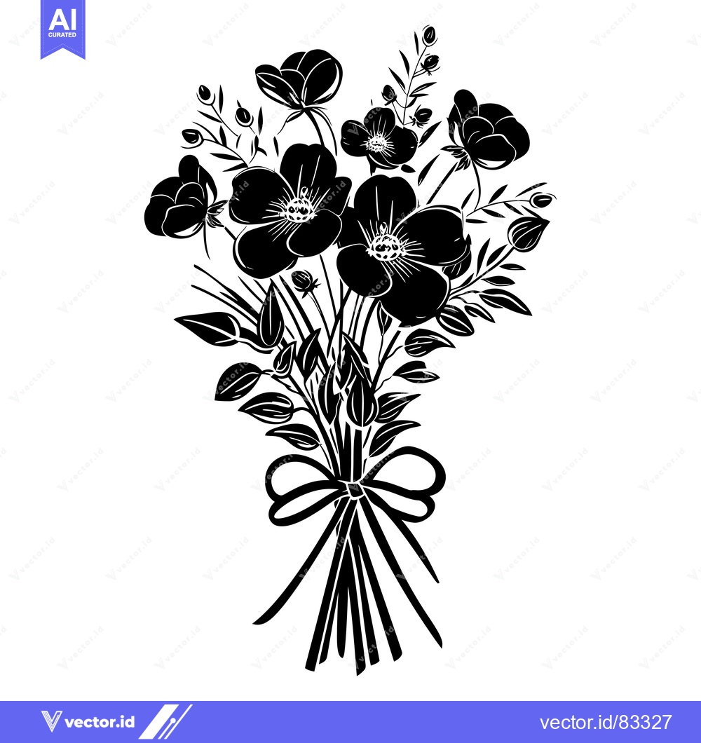 Premium Vector of Black and White Silhouette of a Bouquet of Flowers with a Bow