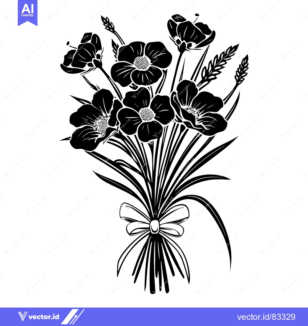 Premium Vector dari Black and white silhouette of a flower bouquet with a bow