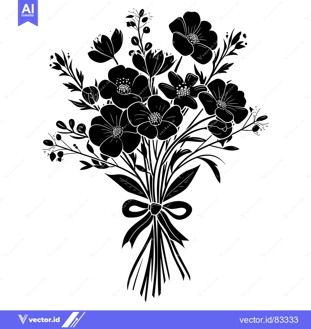 Premium Vector of Black and White Silhouetted Bouquet of Flowers Tied with a Bow