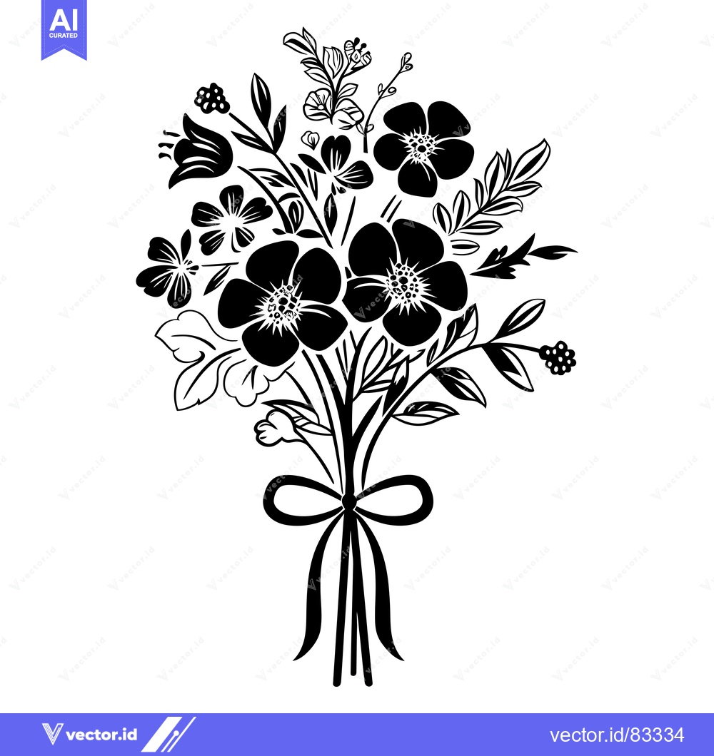 Premium Vector of Black and White Illustration of a Bouquet of Flowers with a Bow