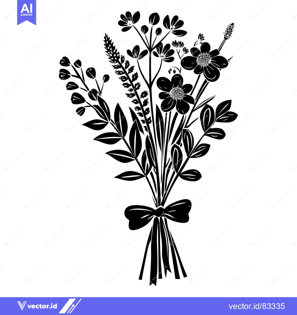 Premium Vector dari Black and White Silhouette of a Bouquet of Flowers Tied with a Bow