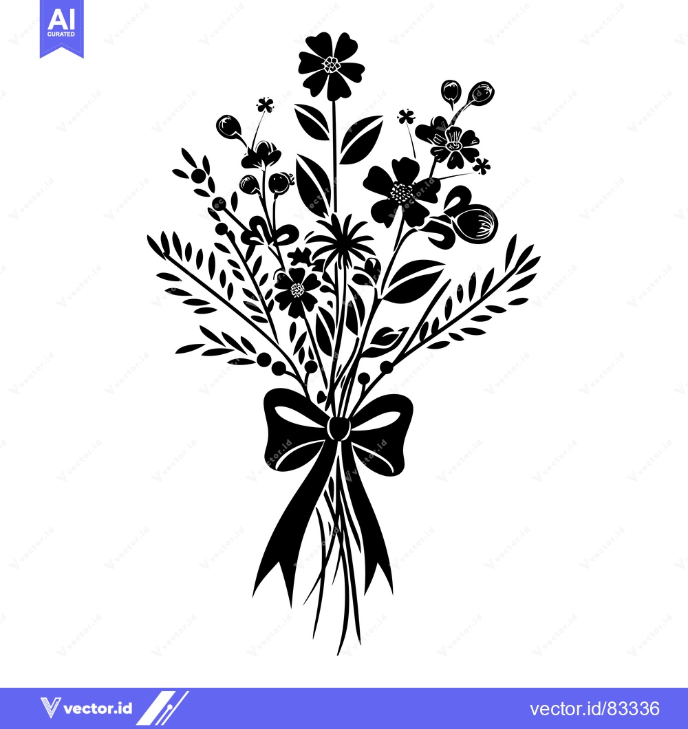 Premium Vector of Black and white silhouette of a bouquet of flowers with a bow