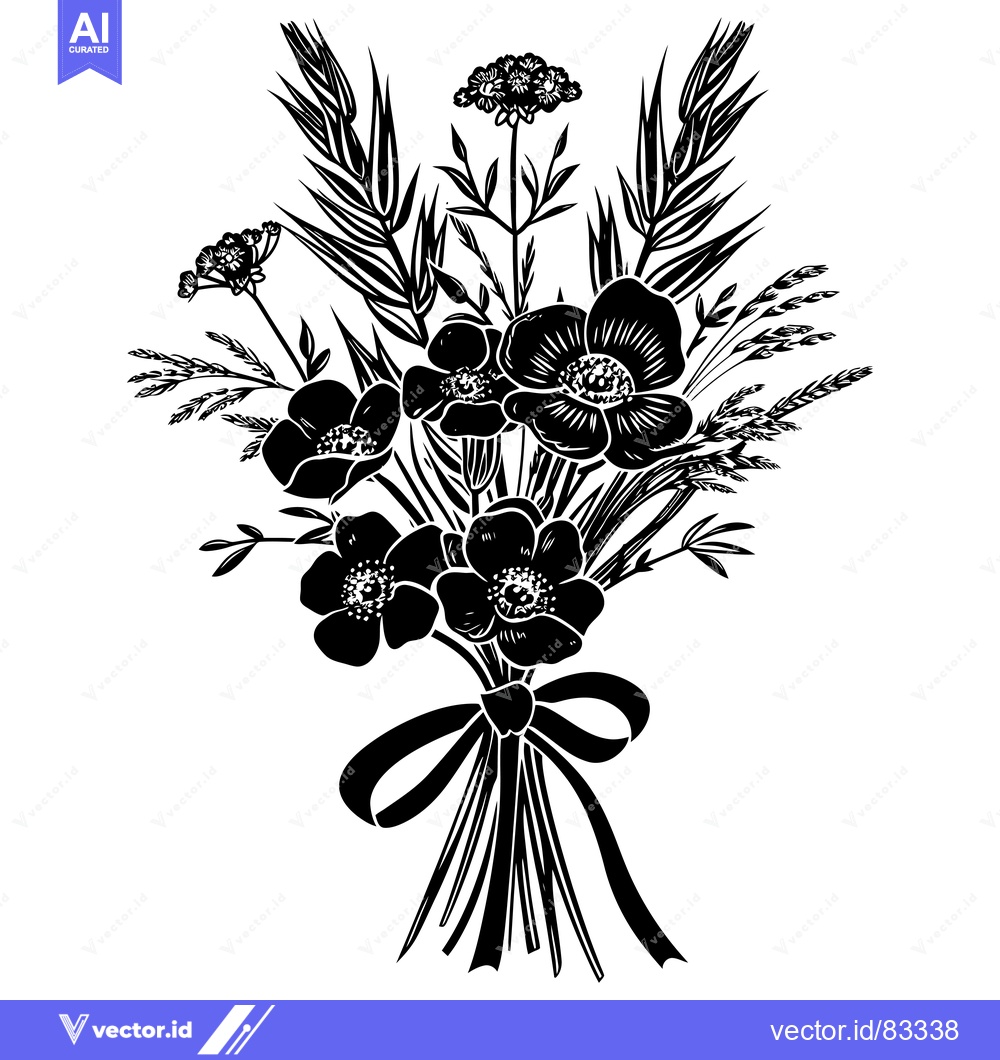 Premium Vector dari Black and White Silhouette of a Bouquet with Flowers and Grass