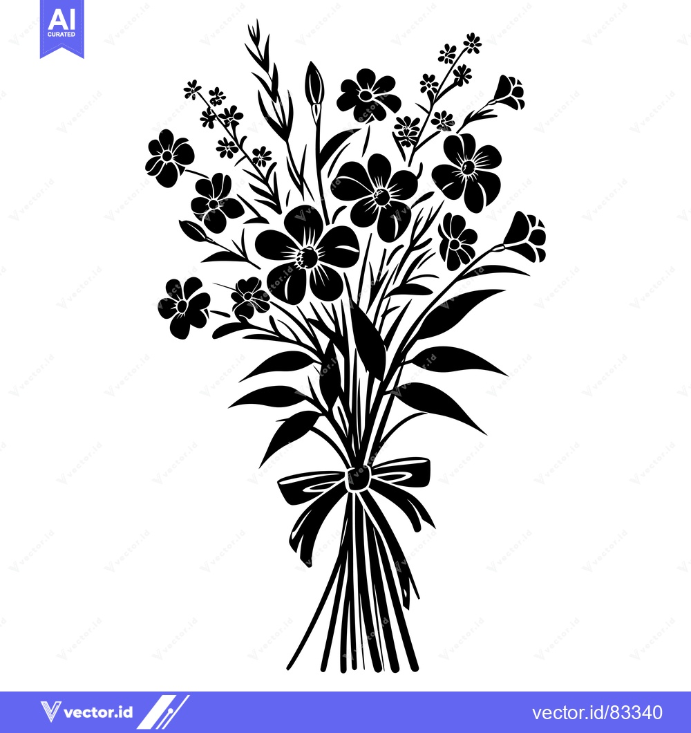 Premium Vector of Black and White Silhouette of a Bouquet of Flowers with a Bow