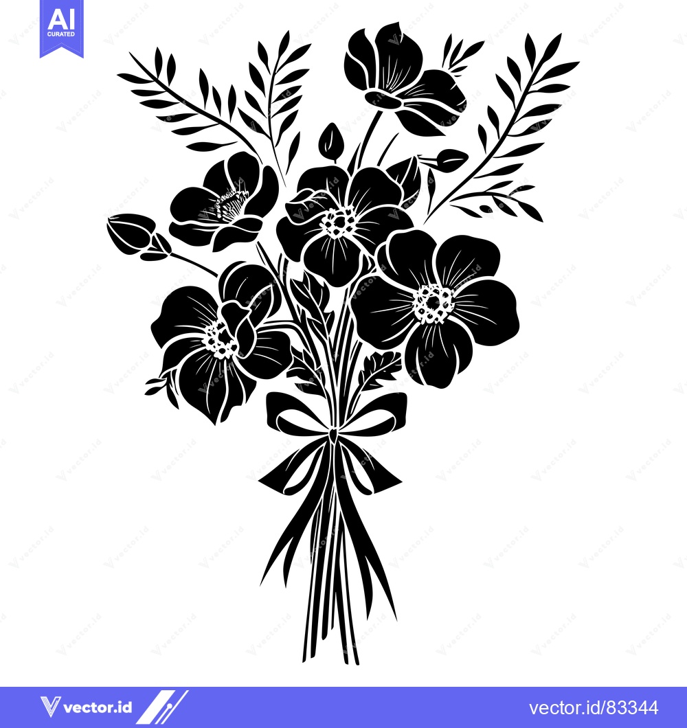 Premium Vector dari Black and White Silhouetted Bouquet of Flowers with a Bow