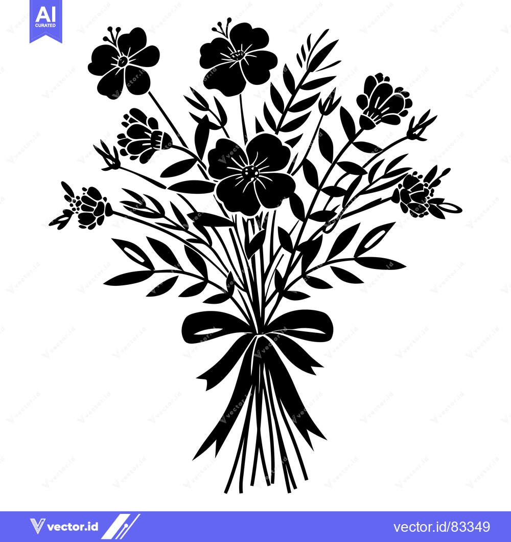 Premium Vector of Black and White Silhouette of a Bouquet of Flowers with a Bow