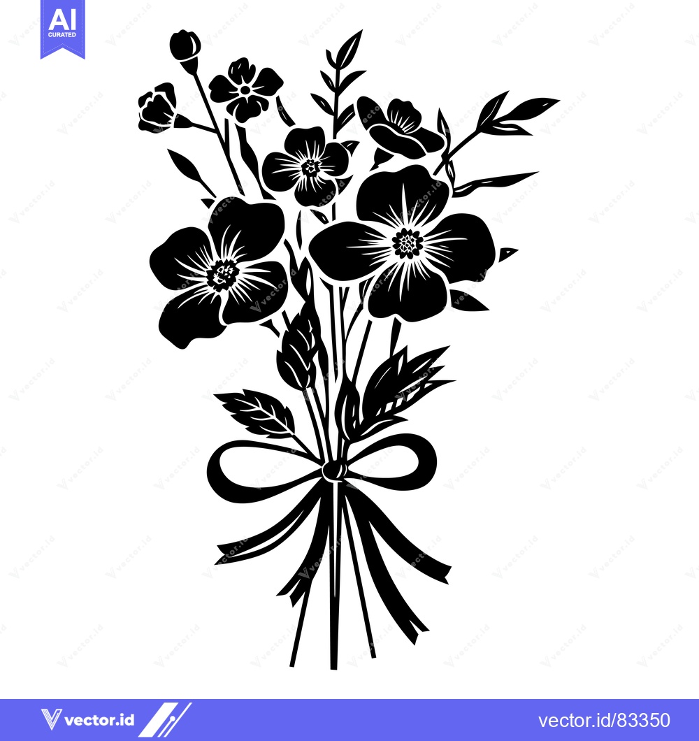 Premium Vector dari Black and White Silhouette of a Flower Bouquet with a Ribbon