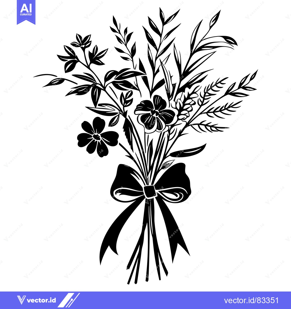 Premium Vector dari Black and White Silhouette of a Bouquet of Flowers with a Bow