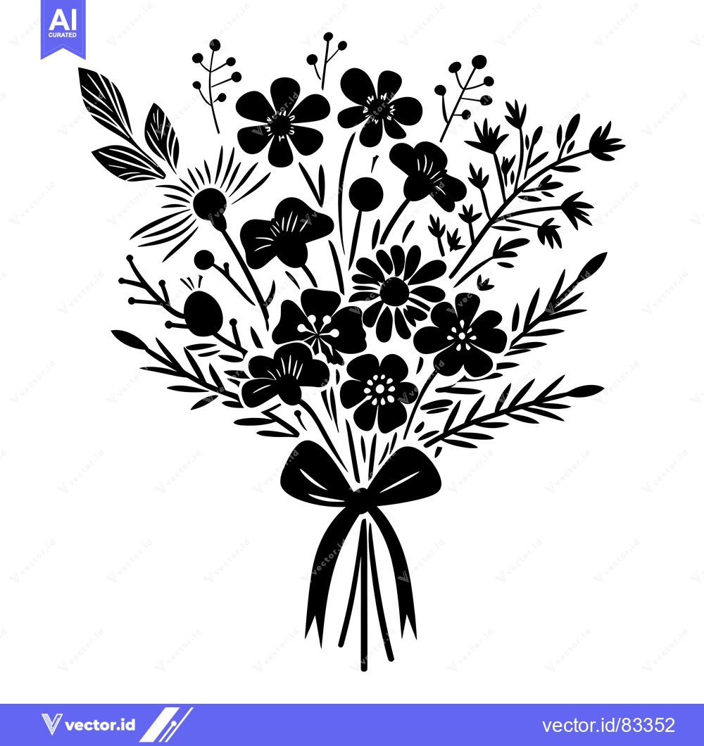Premium Vector dari Black and White Silhouette of a Flower Bouquet with a Ribbon