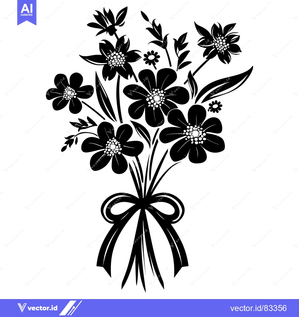 Premium Vector of Black and White Silhouette of a Bouquet of Flowers with a Bow