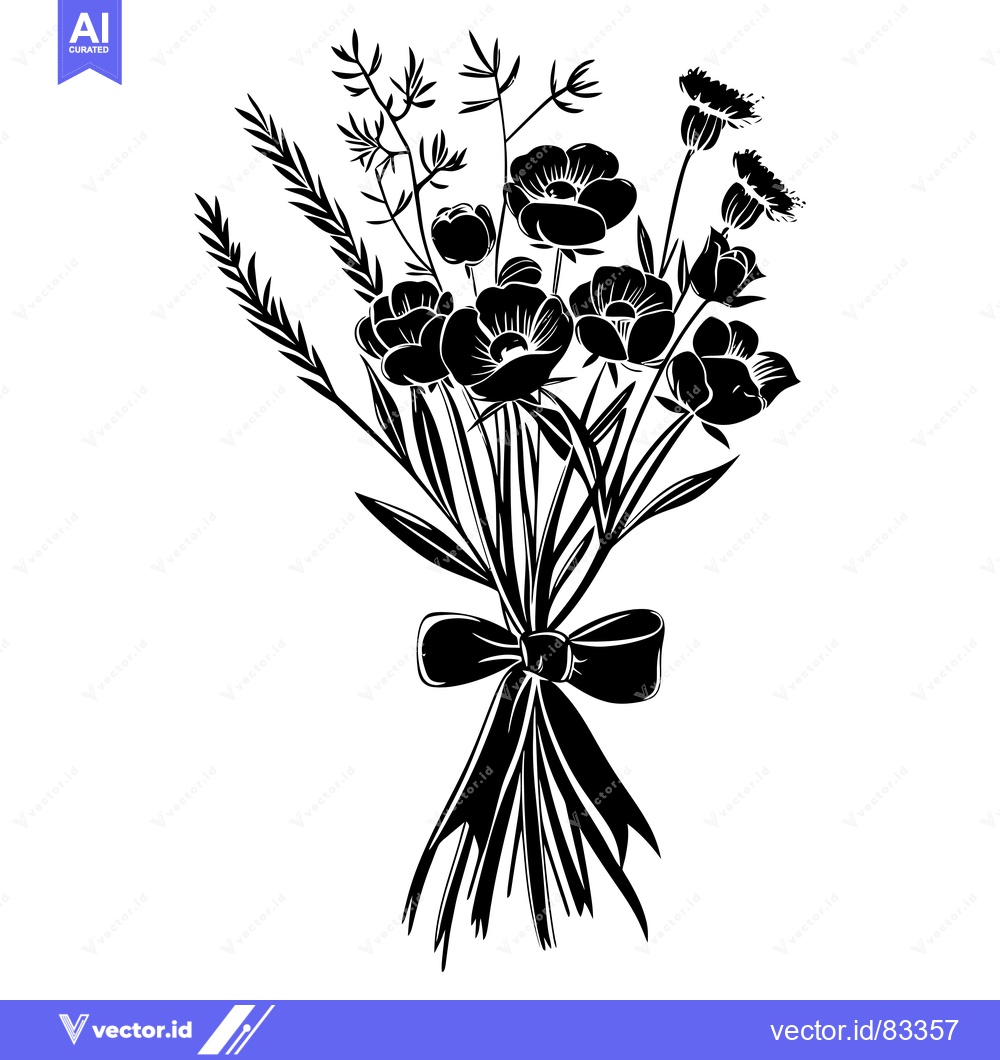 Premium Vector of A Black and White Silhouette of a Flower Bouquet with a Bow