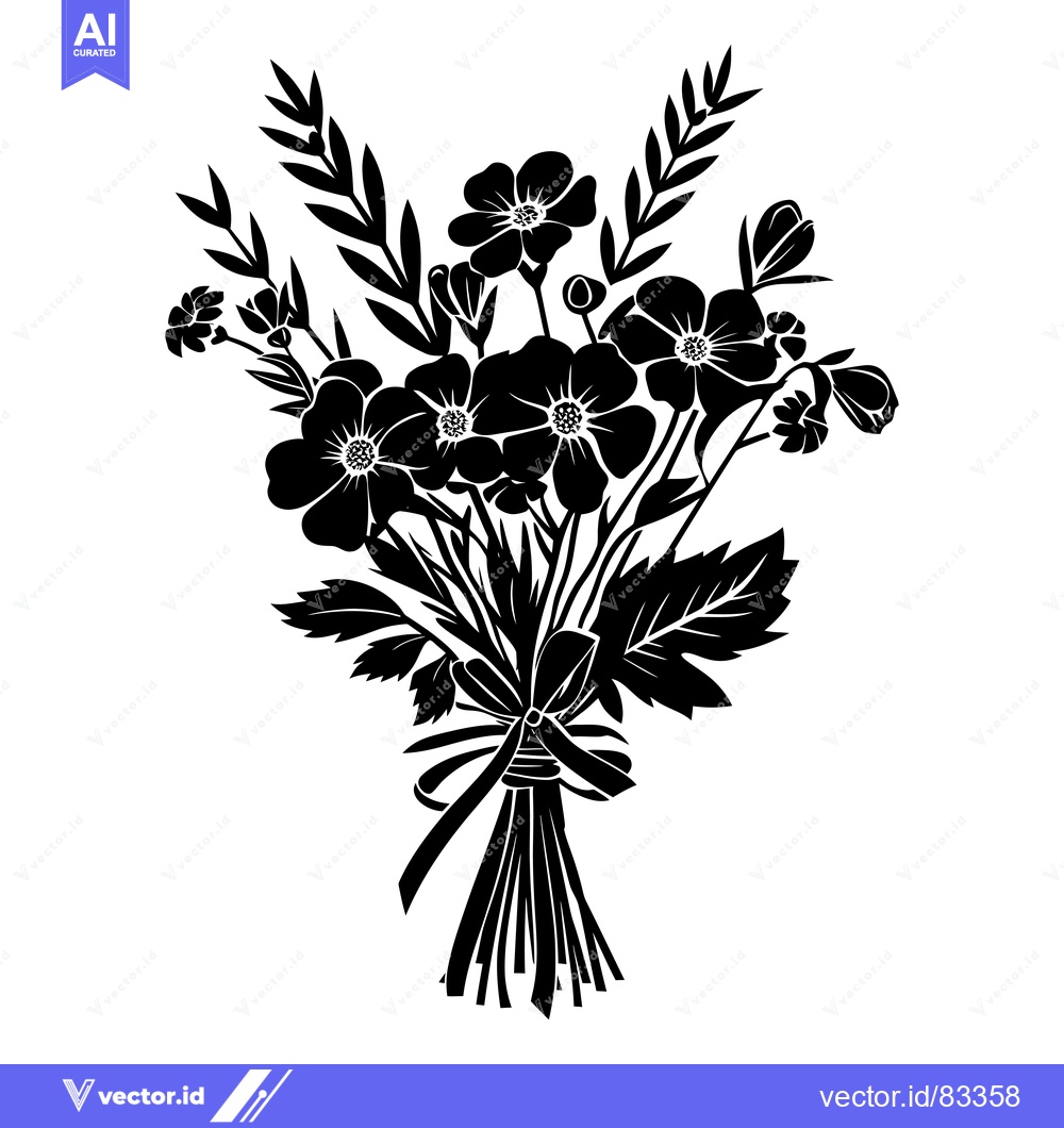 Premium Vector dari Black and White Silhouette of a Bouquet of Flowers Tied with a Ribbon
