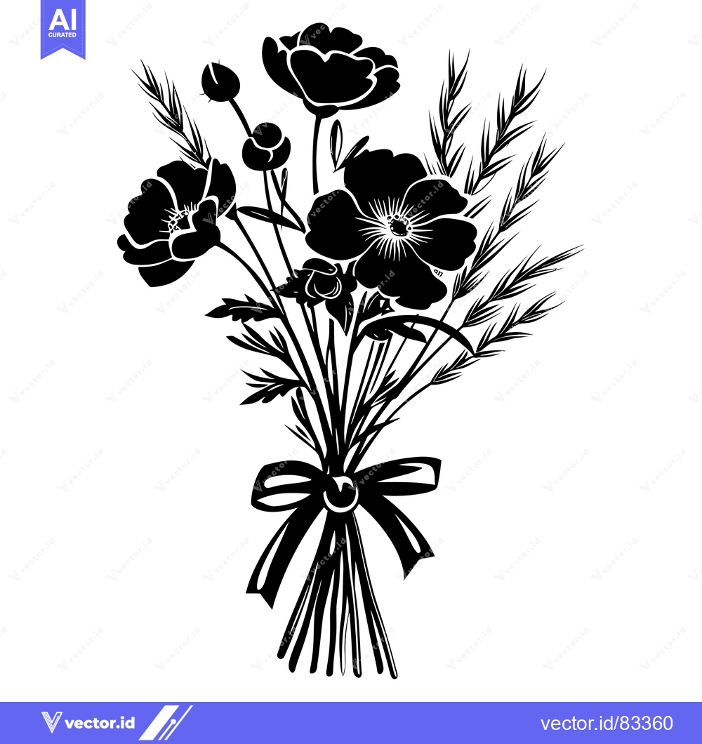 Premium Vector dari Black and White Silhouette of a Bouquet of Flowers with a Bow