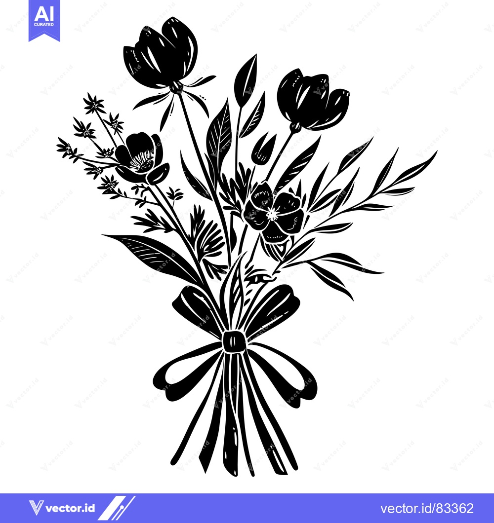 Premium Vector of Black and White Silhouette of a Flower Bouquet with a Bow