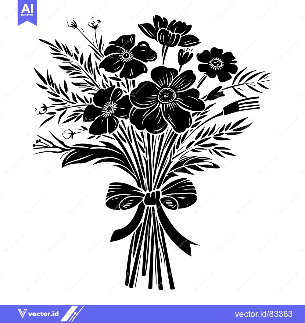 Premium Vector of Black and White Silhouette of a Bouquet of Flowers Tied with a Bow
