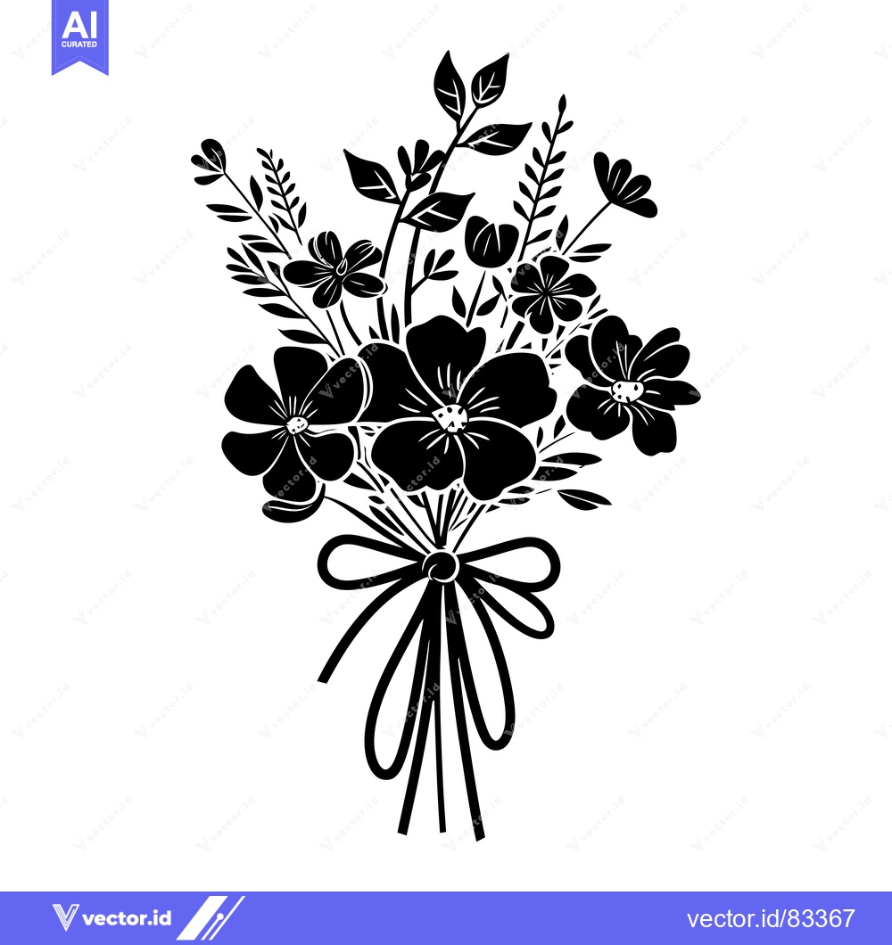 Premium Vector of Black and White Silhouette of a Flower Bouquet Tied with a Bow