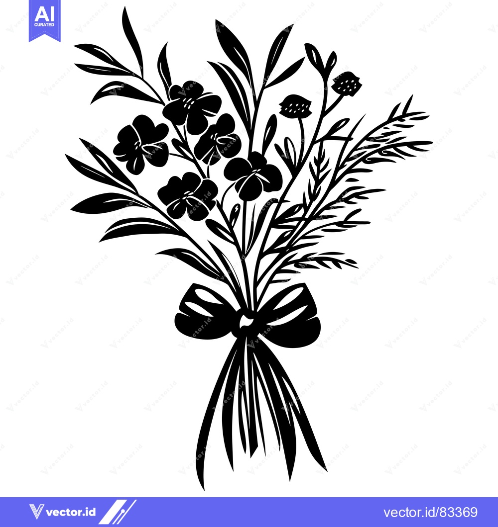 Premium Vector of Black and White Silhouette of a Flower Bouquet with a Bow